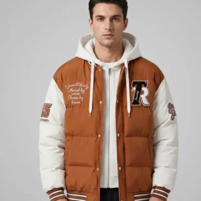 men’s streetwear varsity hooded puffer jacket warm insulated urban style