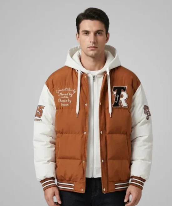 men’s streetwear varsity hooded puffer jacket warm insulated urban style