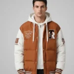 men’s streetwear varsity hooded puffer jacket warm insulated urban style
