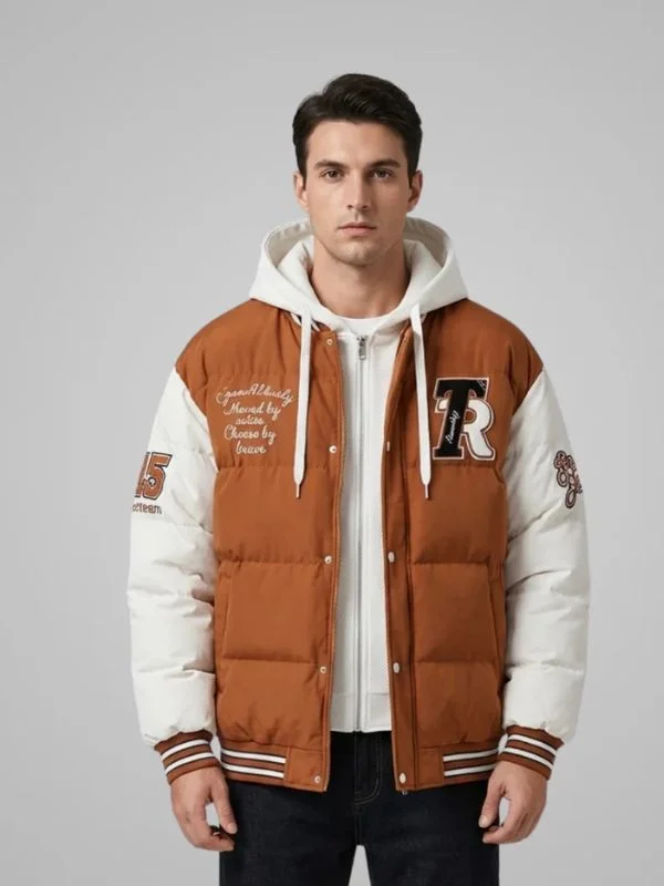 men’s streetwear varsity hooded puffer jacket warm insulated urban style