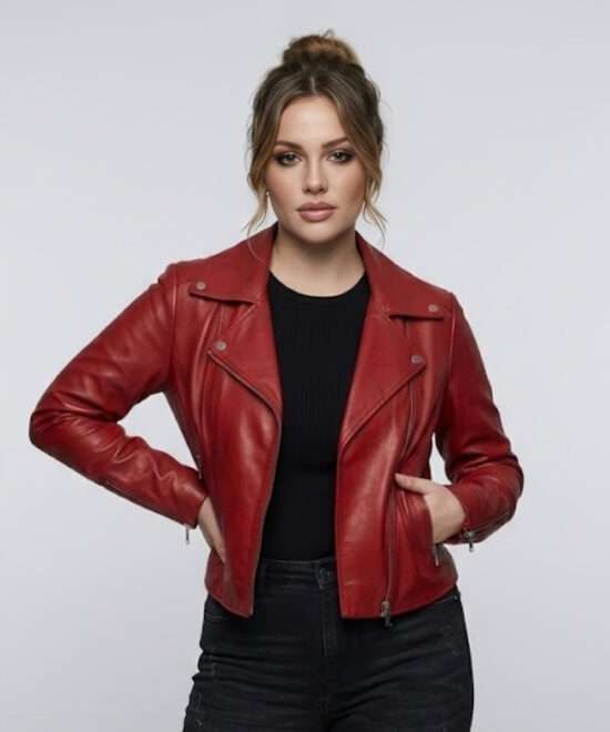 Front view of women's stylish red leather biker jacket with asymmetrical zipper.