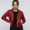 Front view of women's stylish red leather biker jacket with asymmetrical zipper.