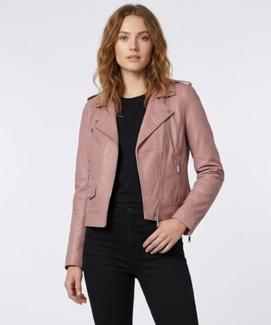 Front view of stylish light pink women's cropped real leather biker jacket with asymmetrical zipper