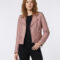 Front view of stylish light pink women's cropped real leather biker jacket with asymmetrical zipper