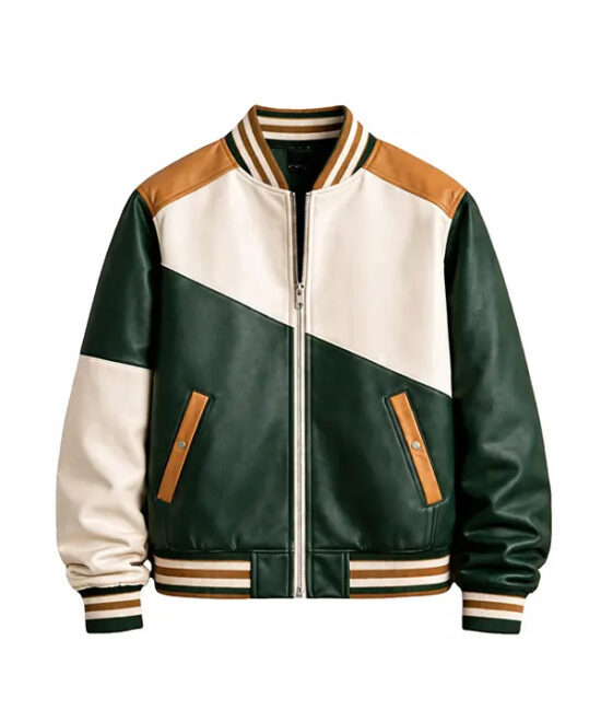Men’s Color Block Green Varsity Leather Bomber Jacket