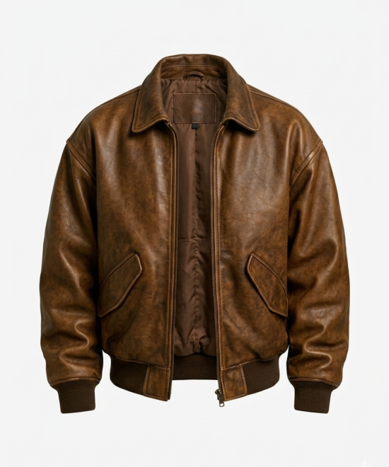 Classic Brown Leather Bomber Jacket