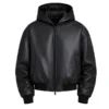 MensBlack Leather Hooded Bomber Jacket