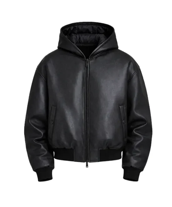 MensBlack Leather Hooded Bomber Jacket