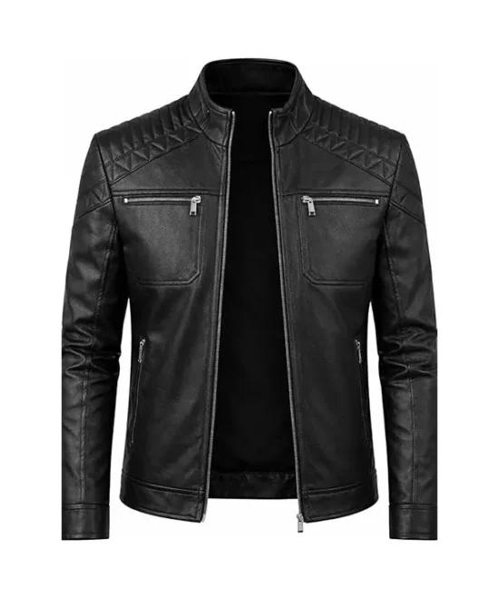 Biker Motorcycle Cafe Racer Jacket with Quilted Shoulder