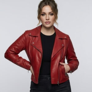 Front view of women's stylish red leather biker jacket with asymmetrical zipper.