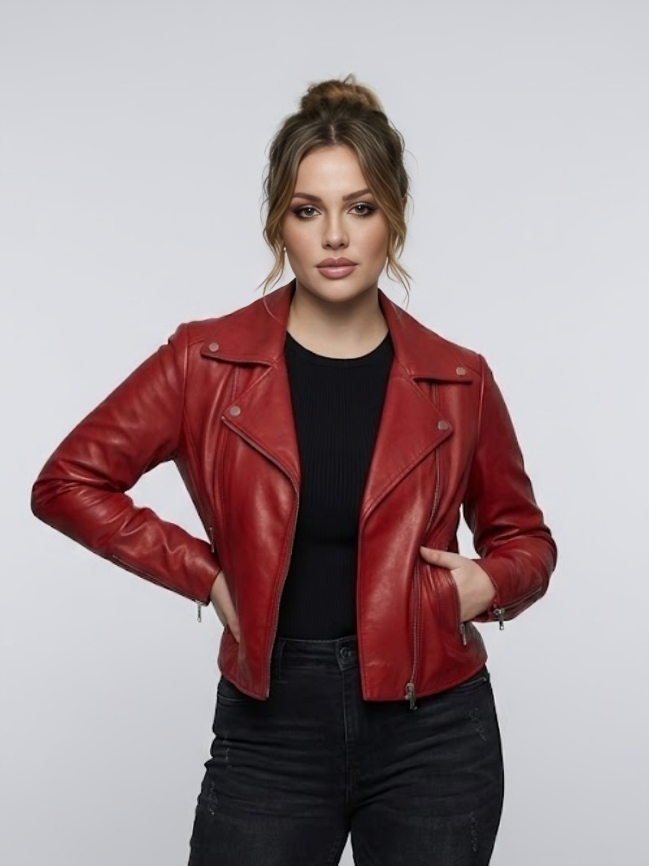Front view of women's stylish red leather biker jacket with asymmetrical zipper.