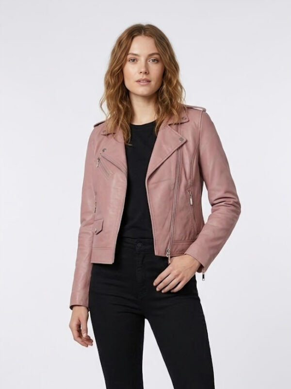 Front view of stylish light pink women's cropped real leather biker jacket with asymmetrical zipper