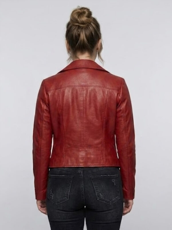 Back view of ladies red real leather motorcycle jacket showing tailored fit.
