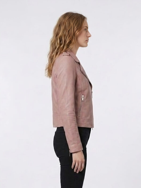 Left side view of light pink women's real leather motorcycle jacket featuring asymmetrical zipper edge