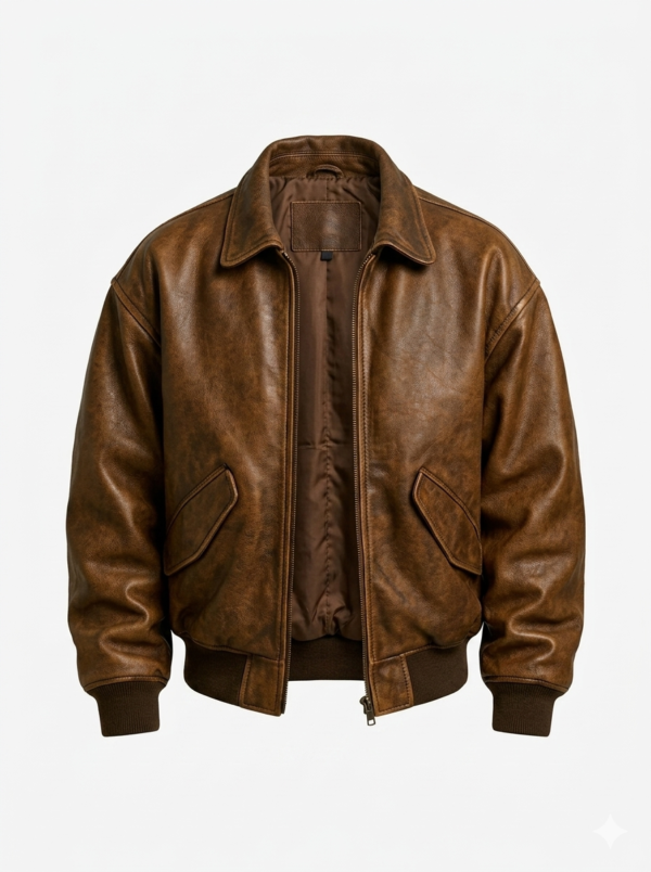 Classic Brown Leather Bomber Jacket