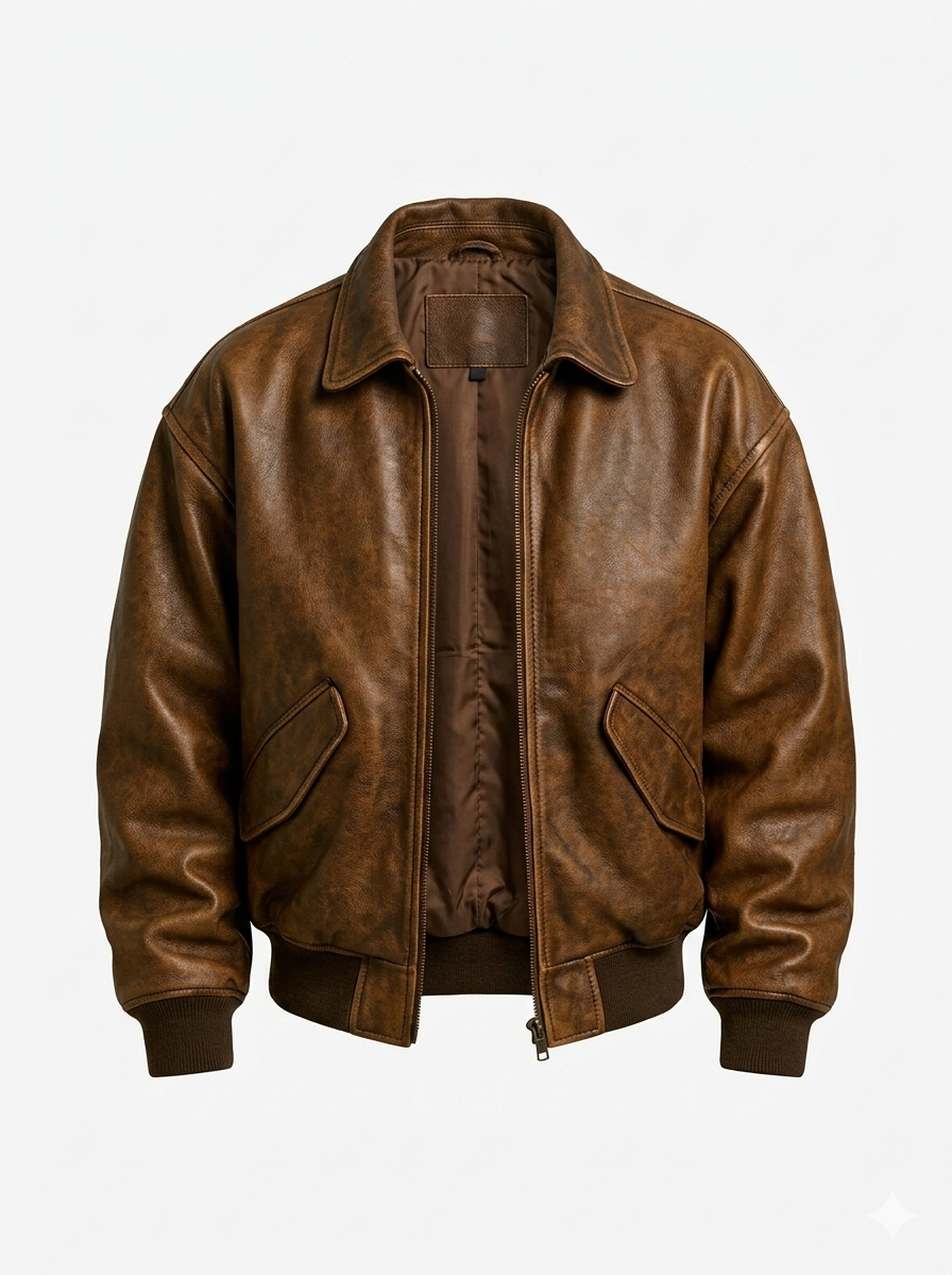 Classic Brown Leather Bomber Jacket