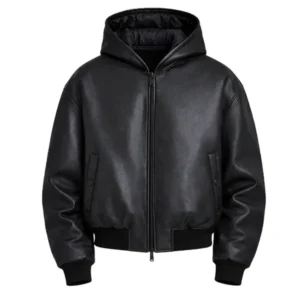 MensBlack Leather Hooded Bomber Jacket