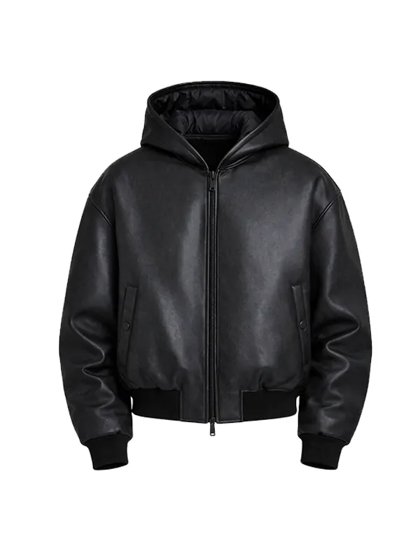 MensBlack Leather Hooded Bomber Jacket