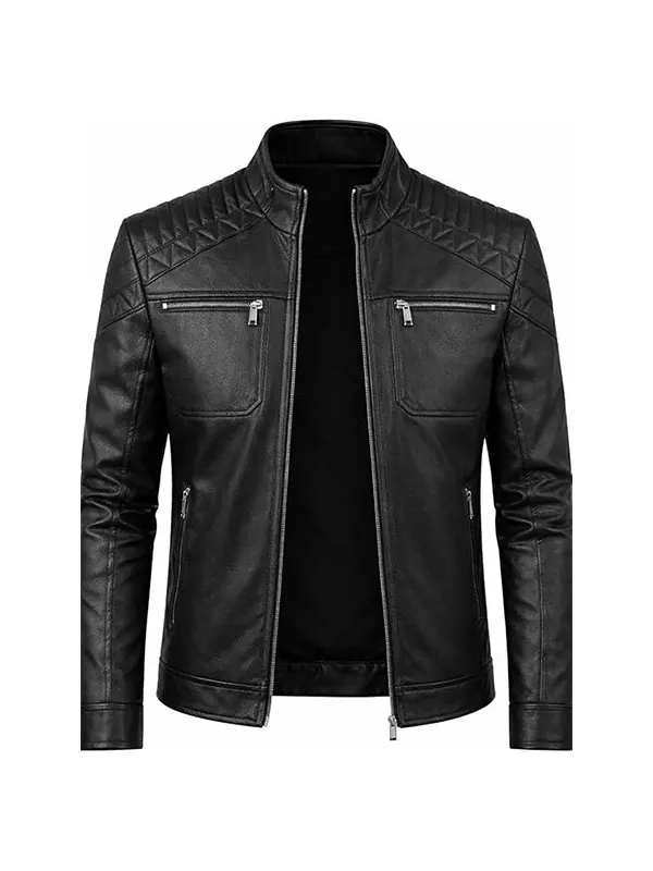 Biker Motorcycle Cafe Racer Jacket with Quilted Shoulder